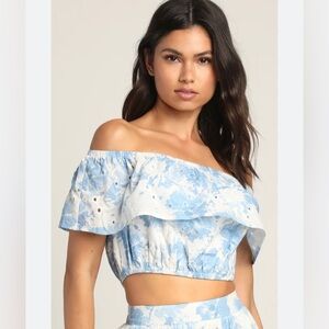 NWT Lulus Made for Mallorca White and Blue Eyelet Off-The-Shoulder Top